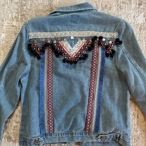 Embroidered Denim Jacket with Pom Pom Detail
